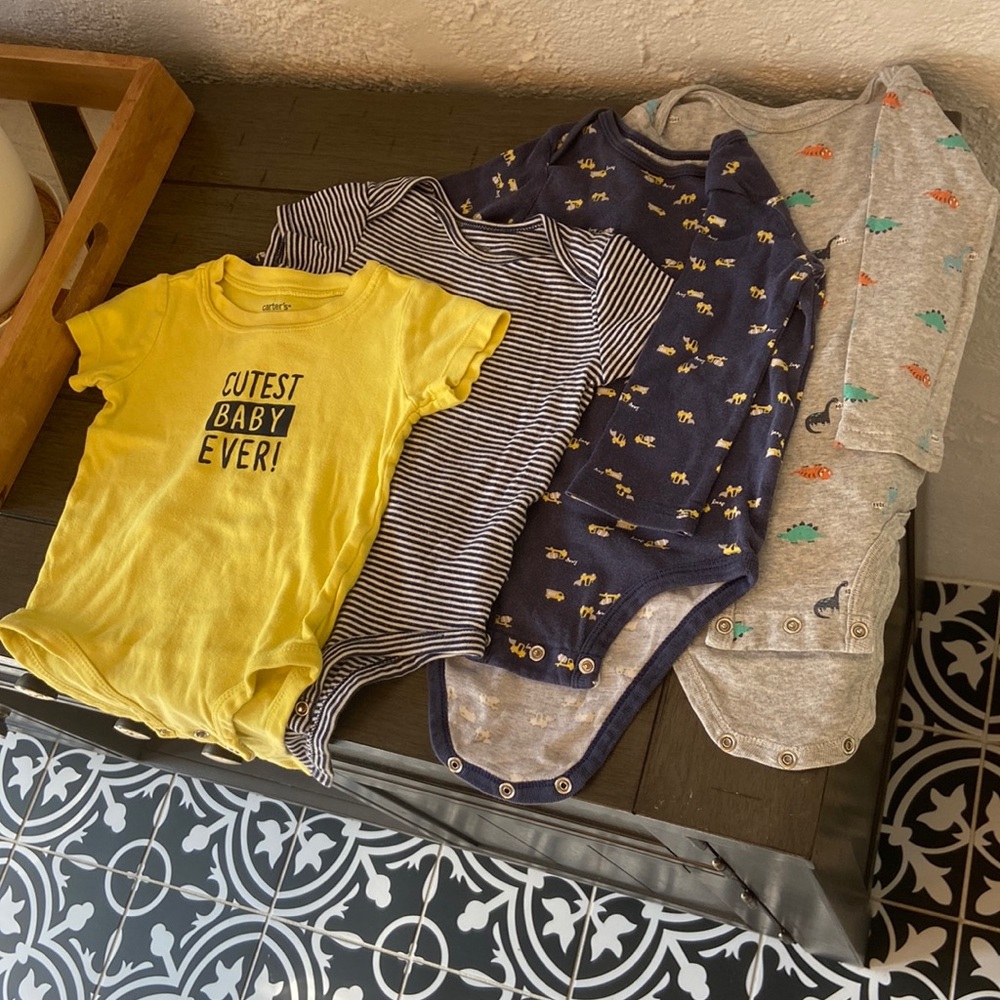 Carter’s 12 months bodysuits yellow blue and gray